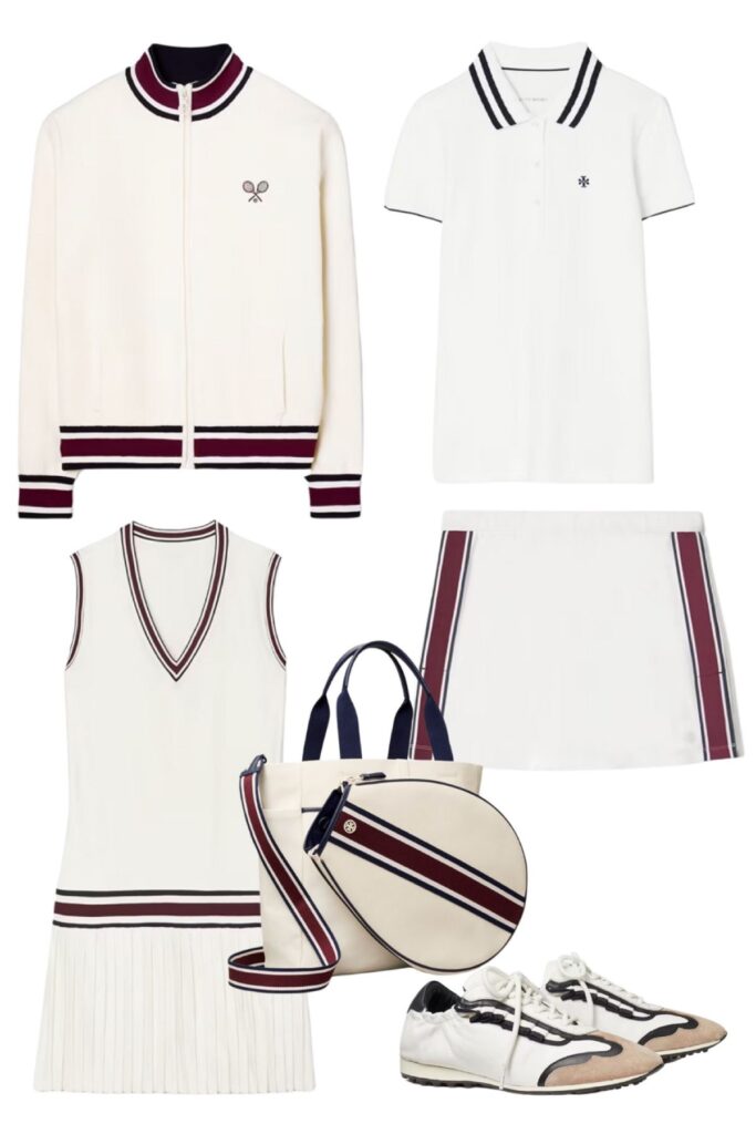 A beige zip-up jacket, a white short-sleeve polo shirt, a pleated dress, a pleated skirt, and a beige tennis racket bag with maroon stripe accents.
